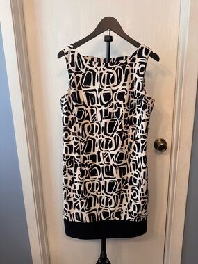 AB Studio Sleeveless Shift Dress Black Ivory Abstract Print Size 12 Career